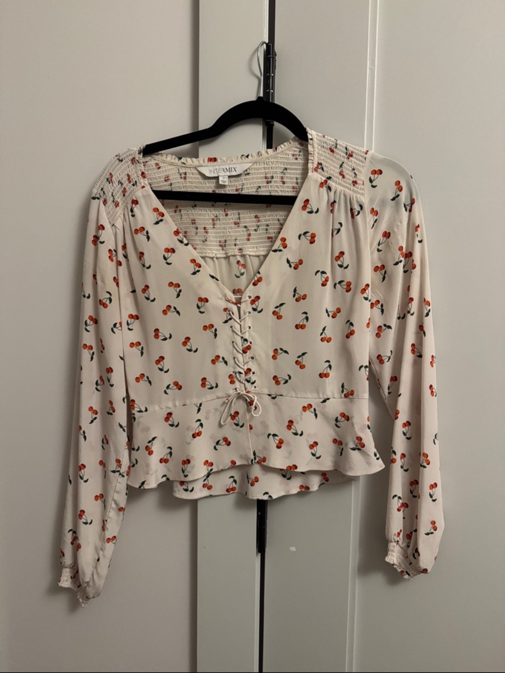 INTERMIX White Cherry-Print Lace-Up Peplum Blouse